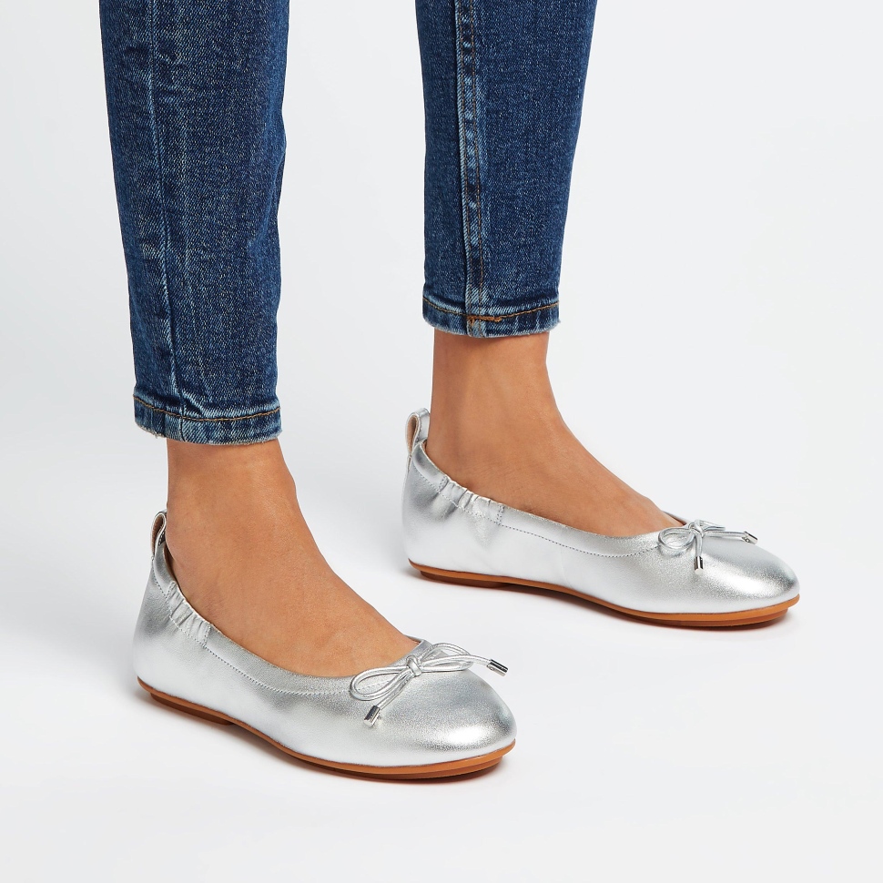 Fitflop Allegro Ballerinas Aus Metallic-Leder Mit Schleife Silber