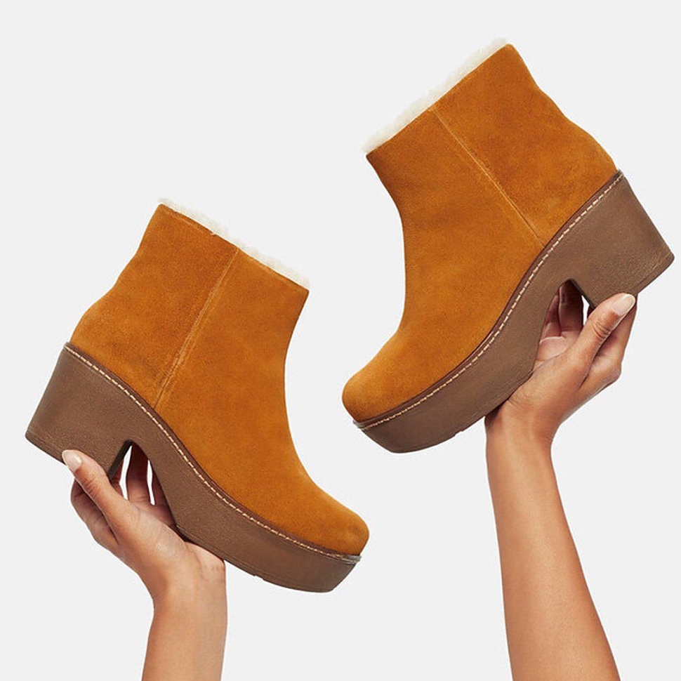 Fitflop Pilar Plateau-Stiefeletten Aus Veloursleder Mit Shearling-Futter, Hellbraun