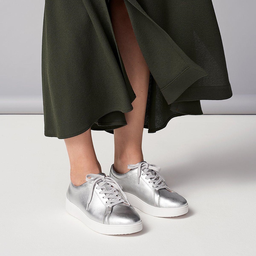 Fitflop Rally Metallic-Leder-Sneaker Silber