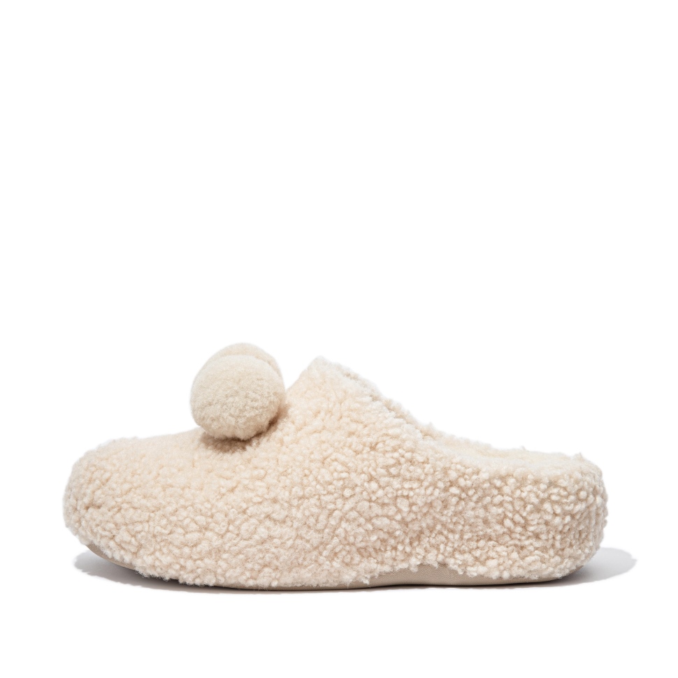 Fitflop Shuv Pom-Pom Shearling Clog Hausschuhe Elfenbein