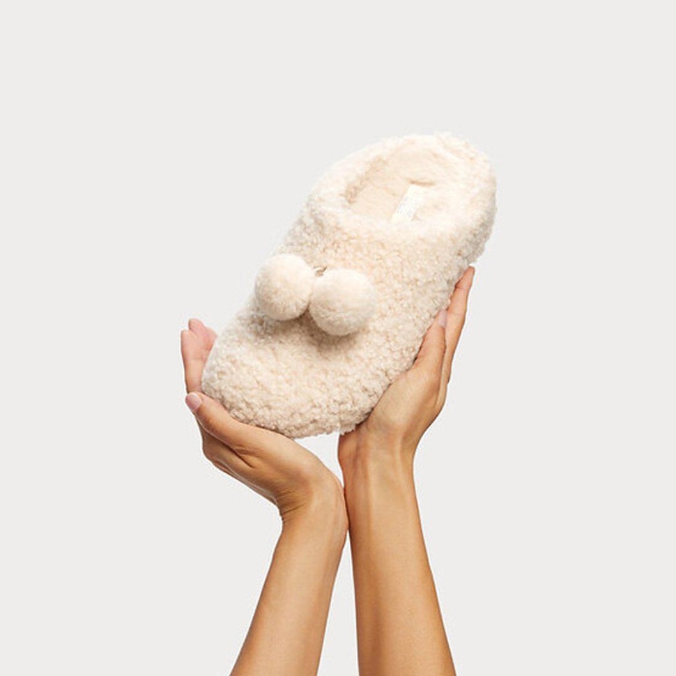 Fitflop Shuv Pom-Pom Shearling Clog Hausschuhe Elfenbein