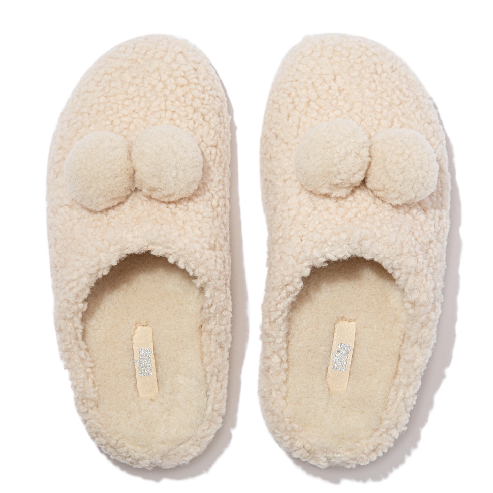 Fitflop Shuv Pom-Pom Shearling Clog Hausschuhe Elfenbein