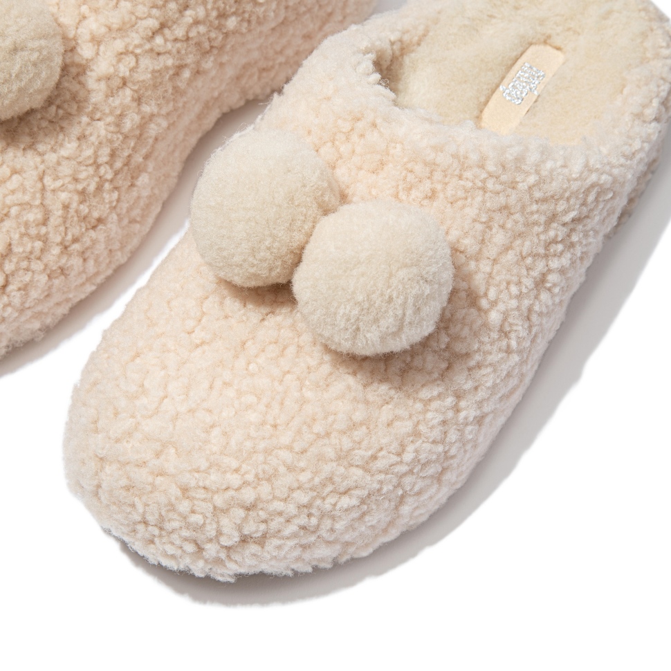 Fitflop Shuv Pom-Pom Shearling Clog Hausschuhe Elfenbein