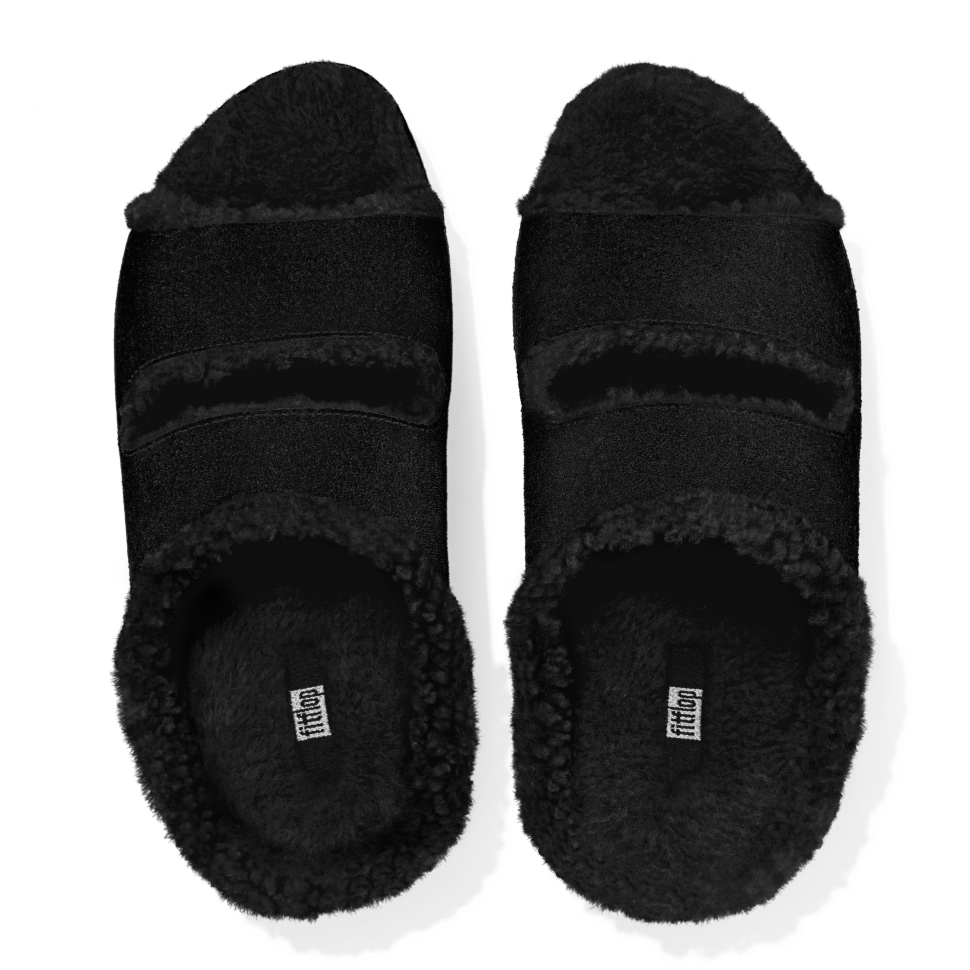 Fitflop Shuv Sandalen Aus Veloursleder Mit Lammfellfutter Und Zwei Riegeln, Ganz In Schwarz