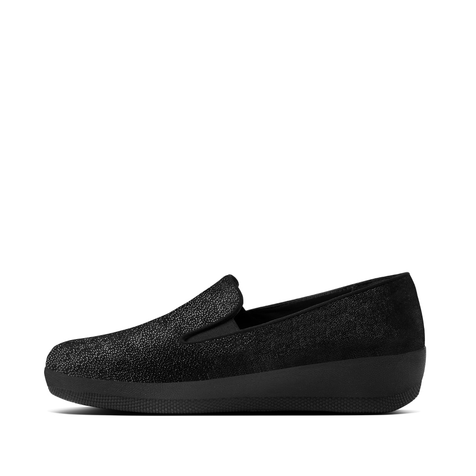 Fitflop Superskate Wildleder-Loafer Mit Glitzerpunkten, Ganz In Schwarz