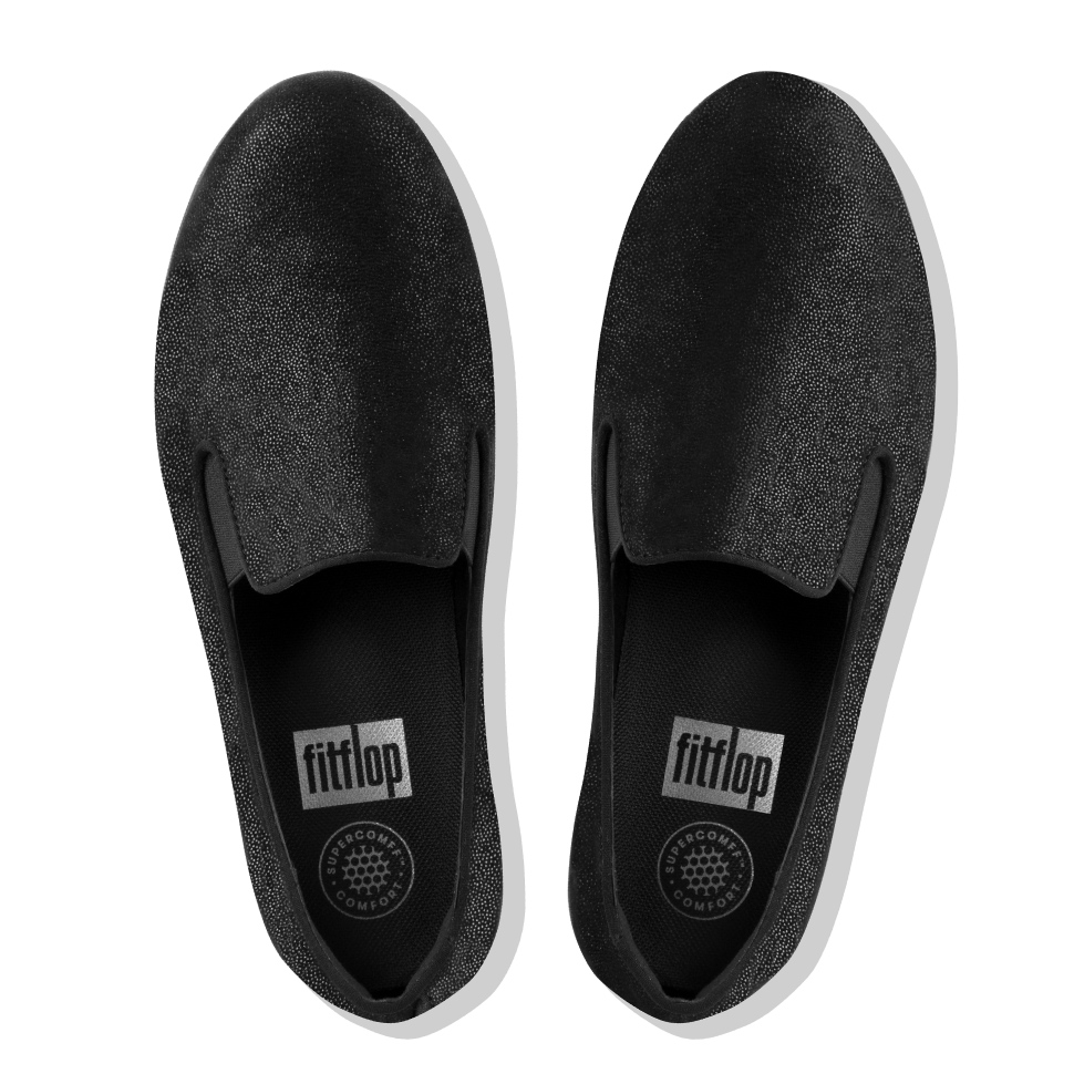 Fitflop Superskate Wildleder-Loafer Mit Glitzerpunkten, Ganz In Schwarz